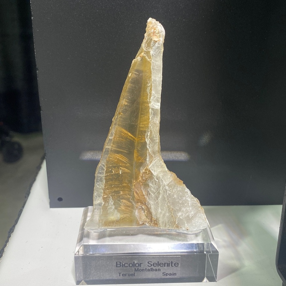 Selenite- Bicolor Selenite mineral specimen on display
